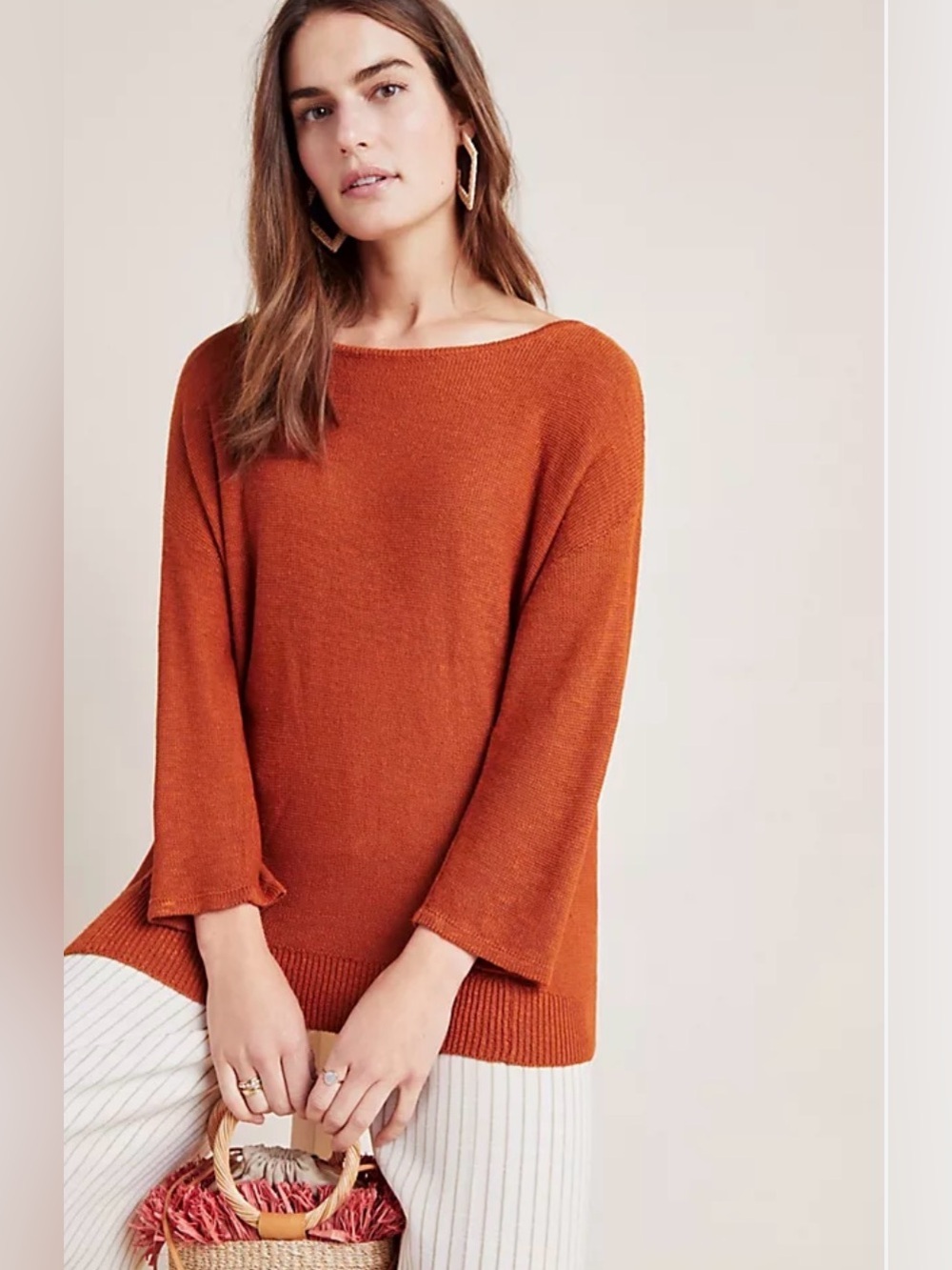 Anthropologie Lightweight 3/4 Sleeve Sweater in Burnt Orange
